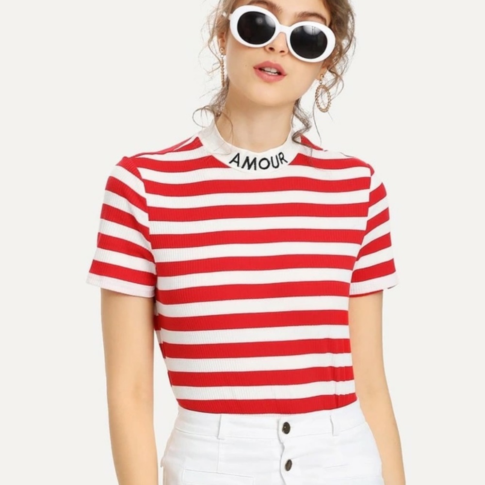 Red and white stripped T with “amour” embroidery